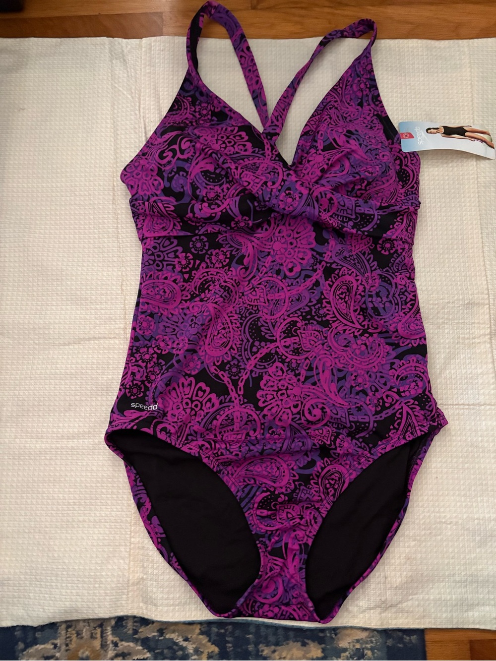Speedo Womens Purple Black Paisley One Piece Swimsuit Size 16  V-Neck Crossback
